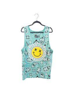 Trust No One Vibes Tank Top L Paisley Smiley Face Mint & Black 3707